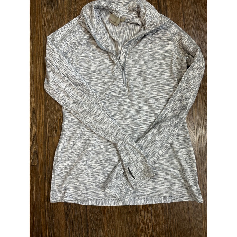 Athleta Womens Small Grey White Space Dye Quarter Zip Pullover Thumbholes Top